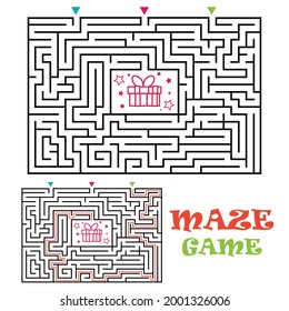 Rectangular maze labyrinth game for kids. Logic conundrum. Three entrance and one right way to go. Vector flat illustration isolated on white background.
