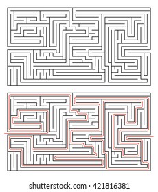 Rectangular maze of medium complexity isolated on white and solution with red path