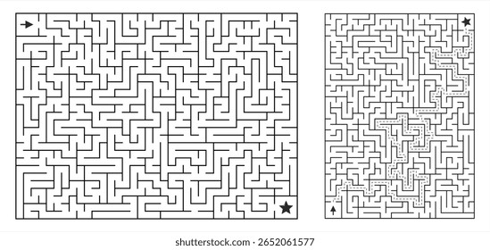 Rectangular maze with solution – black and white vector puzzle from corner to corner, clean line art, printable logic game for activity books and worksheets