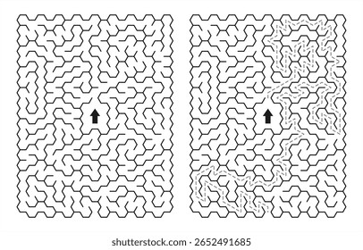 Rectangular maze with solution – black and white vector puzzle from center to edge, clean line art for printable worksheets, logic games, activity books for kids and adults