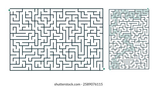 Rectangular Medium Difficulty Maze Game Template with Solution Path Vector Illustration