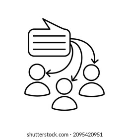Rectangular message cloud informs several people silhouettes. Simple outline black and white vector icon in modern minimal style with thin lines. Editable line thickness