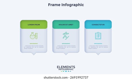 Infográfico de escolha mínima retangular com modelo de design de gráfico de bolhas de fala. Infográfico de sucesso empresarial com ícones. Gráficos de instrução com 3 opções. Apresentação de dados visuais
