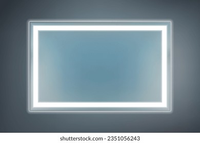 Rectangular mirror with built-in white LED illumination on the front surface against a dark background. Original piece of furniture with modern lighting