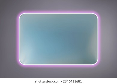 Rectangular mirror with rounded corners and rear LED lilac backlight on a dark background. Original piece of furniture with modern lighting