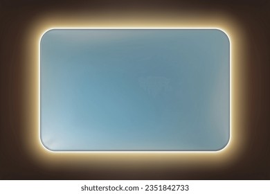 A rectangular mirror with rounded corners and rear LED yellow backlight on a dark wall. Original piece of furniture with modern lighting for bathroom