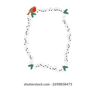 Rectangular music-themed frame with robin and holly. Great for holiday cards, carol sheets, or festive stationery.