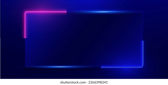 Rectangular neon blue and pink lighting effect frame on dark blue background with copy space for text. Technology futuristics. Vector illustration.