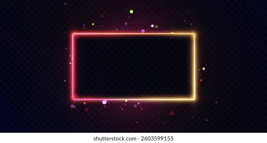 Rectangular neon frame with red and yellow glow surrounded by soft particles on a dark transparent background.