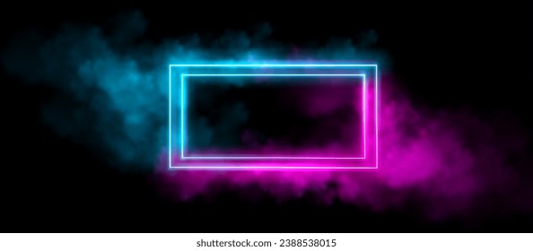 Marco rectangular de luz de neón en la nube de humo sobre fondo negro. Ilustración vectorial realista de la frontera turquesa y rosa brillando en niebla transparente, diseño de banner de iluminación guiado por discoteca