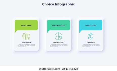 Rectangular neumorphic choice infographic with speech bubble chart design template. Business success infochart with icons. Instructional graphics with 3 options. Visual data presentation