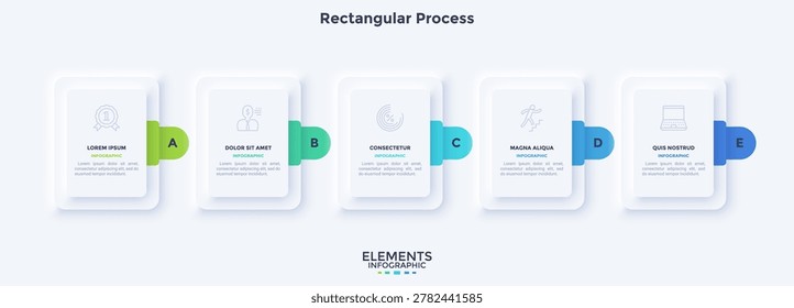 Rectangular neumorphic infographic process template with five steps. Business presentation slide design with icons. Corporate structure chart for project management and data visualization layout.
