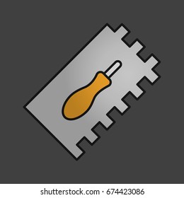 Rectangular notched trowel color icon. Construction spatula. Isolated vector illustration