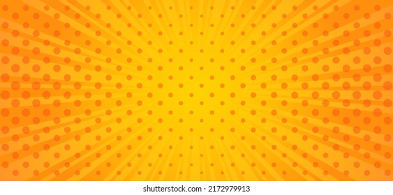 Rectangular orange background with yellow rays and dots.