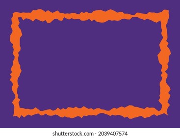 Rectangular orange vector frame on blue background. Curved line, zigzags, angular jagged sharp shapes. Frame with corners and irregularities. Wavy edge. Halloween frame.