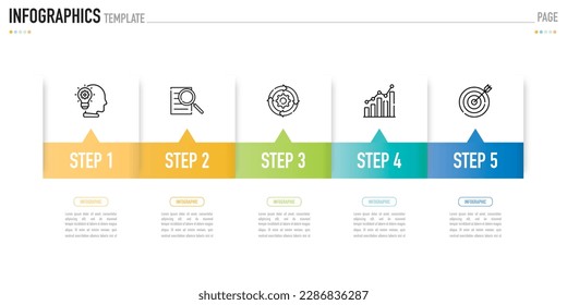 Rectangular origami infographic template or element with 5 step, process, option, colorful 3D rectangle, icons, paper cut, label, tag, button, square, bar, triangle, arrow for sale slide, internet
