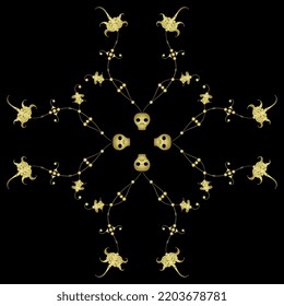 Rectangular ornament with beautiful vines sprouting from human skulls. Creative concept for life and death and resurrection. Illuminated manuscript style. Golden glossy silhouette on black background.