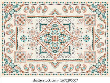 Rectangular ornamental Bandana Print vector design for rug, carpet, tapis, shawl, towel, textile, yoga mat. Silk neck scarf or kerchief pattern design style, fabric or papper. Pattern with paisley.