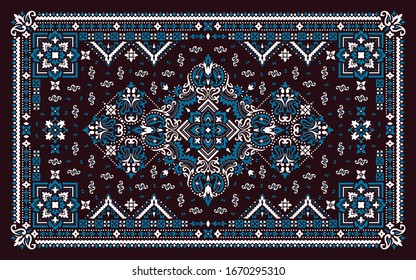 Rectangular ornamental Bandana Print vector design for rug, carpet, tapis, shawl, towel, textile, yoga mat. Silk neck scarf or kerchief pattern design style, fabric or papper. Pattern with paisley.