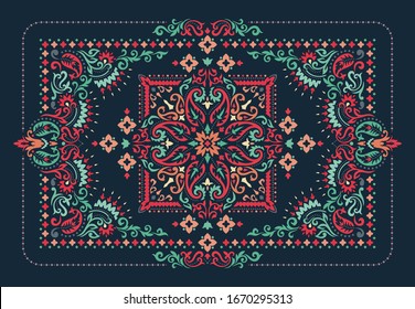 Rectangular ornamental Bandana Print vector design for rug, carpet, tapis, shawl, towel, textile, yoga mat. Silk neck scarf or kerchief pattern design style, fabric or papper. Pattern with paisley.