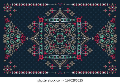 Rectangular ornamental Bandana Print vector design for rug, carpet, tapis, shawl, towel, textile, yoga mat. Silk neck scarf or kerchief pattern design style, fabric or papper. Pattern with paisley.