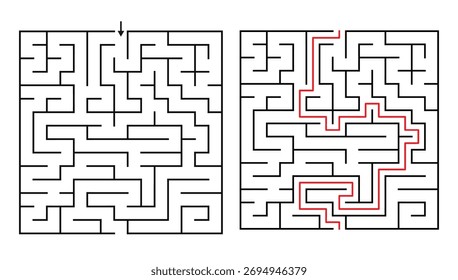 Juego de laberinto ortogonal rectangular para adultos y niños - Juego de laberinto simple y fácil Vector plano Ilustración de contorno en blanco y negro.