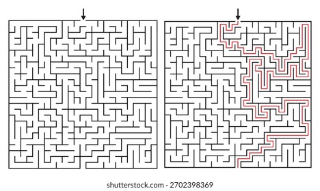 Jogo de labirinto ortogonal retangular para adultos - Jogo de labirinto simples e fácil Vetor plano ilustração de contorno preto e branco - Problem Solving Game kdp.