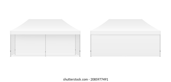 Rectangular Outdoor Canopy Tent Mockup, Front and Back View, Isolated on White Background. Vector Illustration