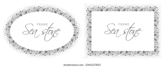 Rectangular and oval frame with beach pebbles or sea stones in various shapes. Border with striped textured sea rock pebbles, isolated on white background. Vector illustration