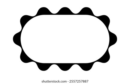 Rectangular oval frame with scallop borders. Tag, label, box or sticker template with wavy edges isolated on white background. Mirror or picture vignette. Vector graphic illustration.