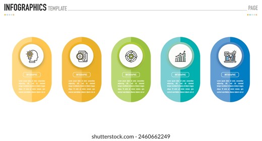 Rectangular and oval infographic template or element with 5 step, process, option, colorful rectangle, square, correct sign, label, icons, paper origami, round edge