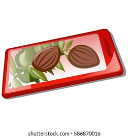 A rectangular package with a picture of the fruit of an exotic tree isolated on a white background. Cartoon vector close-up illustration.
