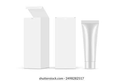 Rectangular Packaging Boxes With Plastic Tube, Front And Side View, Isolated On White Background. Vector Illustration