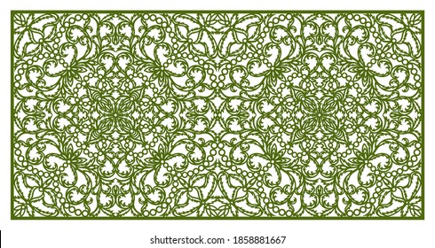 Rectangular panel with delicate lace pattern. Floral oriental ornament of leaves, curls. Ratio is 1:2. Template for plotter laser cutting of paper, cardboard, plywood, wood carving, metal engraving.