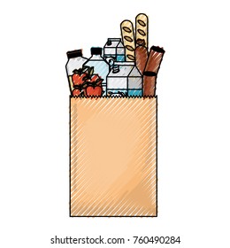 rectangular paper bag with foods sausage and bread apples and drinks orange juice and water bottle and milk carton in colored crayon silhouette
