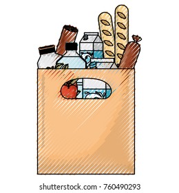 rectangular paper bag with handle and foods sausage and bread apples and drinks orange juice and water bottle and milk carton in colored crayon silhouette