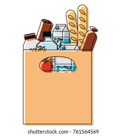 rectangular paper bag with handle and foods sausage and bread apples and drinks orange juice and water bottle and milk carton in watercolor silhouette