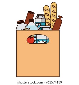 rectangular paper bag with handle and foods sausage and bread apples and drinks orange juice and water bottle and milk carton in colorful silhouette with thin black contour