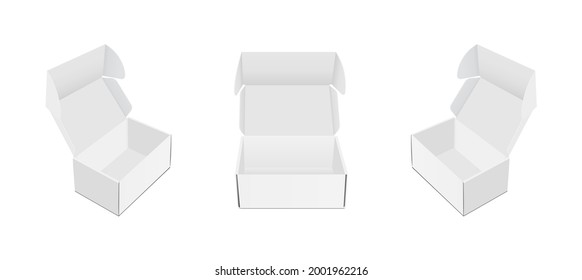 Rectangular Paper Box with Front and Side Views, Opened Lid, Isolated on White Background. Vector Illustration