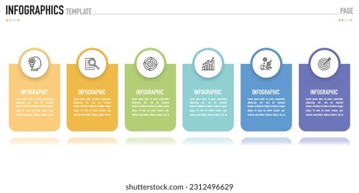 Rectangular paper origami infographic template or element with 6 step, process, option, colorful round edge rectangle, button, shadow, note, tag, minimal, modern style for sale slide, flowchart, web