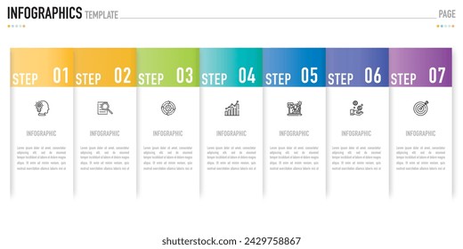 Rectangular paper origami infographic template or element with 7 step, process, option, colorful rectangle, bar, column, arrow, minimal style, slide