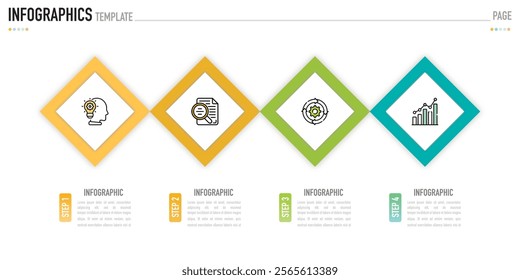 Rectangular paper origami infographic template or element with 4 step, process, option, colorful rectangle, bar, column, arrow, minimal style, slide