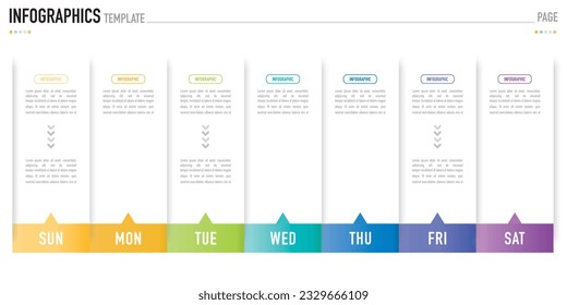 Plantilla o elemento infográfico semanal de origami de papel rectangular con 7 días, paso, proceso, opción, rectángulo colorido, barra, columna, flecha, diapositiva de estilo mínimo de venta, agenda, programación, web