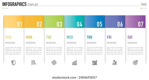 Plantilla o elemento infográfico semanal de origami de papel rectangular con 7 días, paso, proceso, opción, rectángulo colorido, barra, columna, flecha