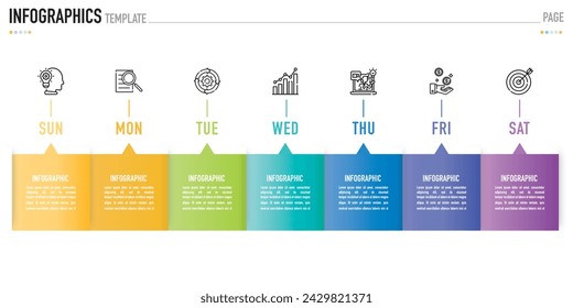 Rectangular paper origami timeline weekly infographic template or element with 7 day, step, process, option, colorful rectangle, bar, column, arrow