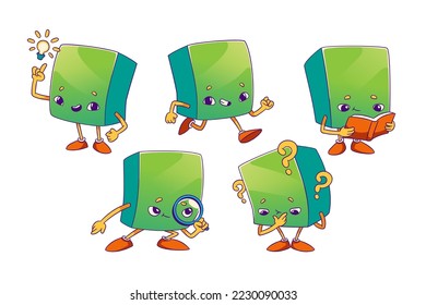 Rectangular parallelepiped or cuboid cartoon character emotions. Isolated math personage having idea, reading book, run, searching information, thinking, funny creature for kids school game vector set