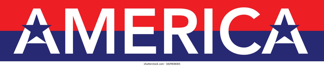 Rectangular patriotic illustration with America as text in red white and blue with horizontal stripes and stars. Banner or bumper sticker shape. Illustrator 10 eps vector graphic design.