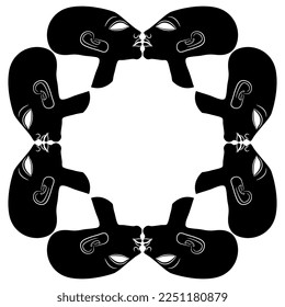 Rectangular pattern or frame with kissing ancient Egyptian heads. Amarna style. Black and white silhouette.