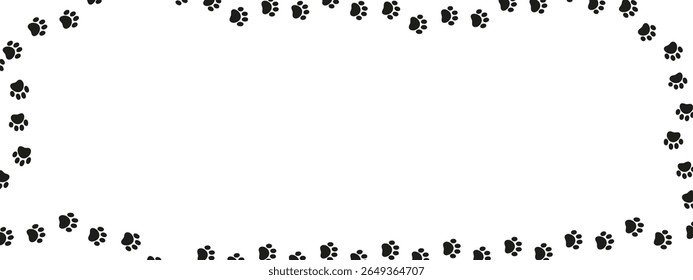 Rectangular paw print frame with blank center for text or image. Black dog or cat paw silhouette border. Perfect for pet shop ads, websites, flyers, or decoration. Vector illustration.