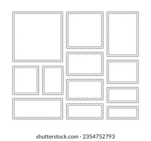 Rectangular perforated labels collection. Blank outline borders for mail letter. Post stamps. Postage frames set. Empty postal stamp. White paper postmarks on gray background. Vector illustration.